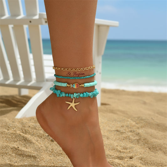 Polymer Clay & Turqouise Enamel Goldtone Fish Charm Stretch Anklet Set - Street Region