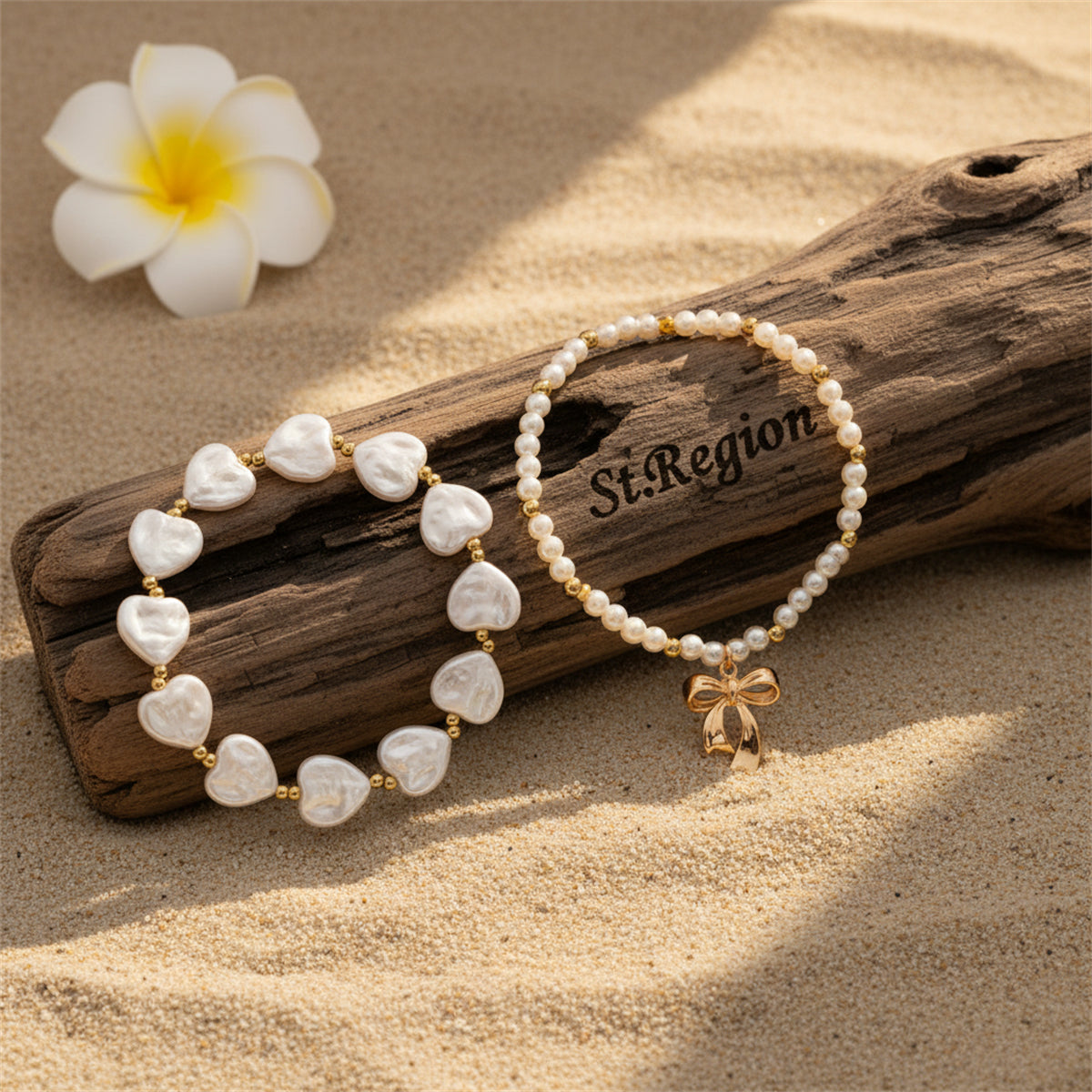 Heart-Shape Pearl & Goldtone Beads Chain Bow Charm Anklet Set - Street Region