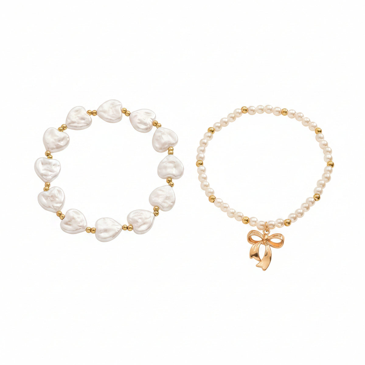 Heart-Shape Pearl & Goldtone Beads Chain Bow Charm Anklet Set - Street Region
