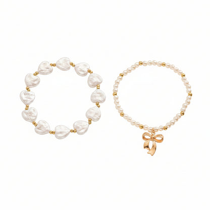 Heart-Shape Pearl & Goldtone Beads Chain Bow Charm Anklet Set - Street Region