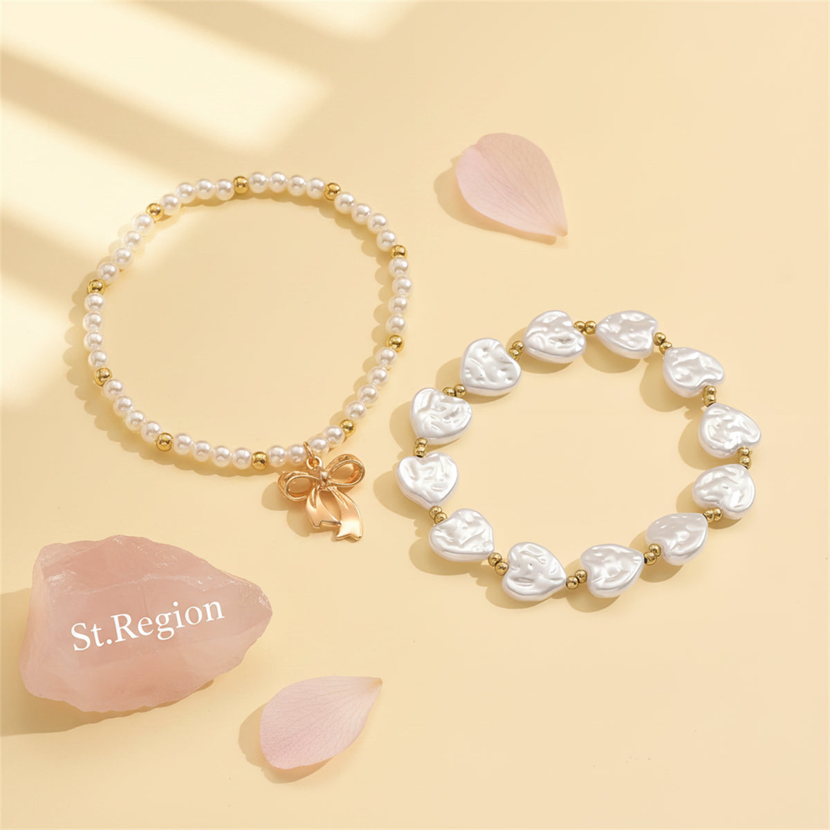 Heart-Shape Pearl & Goldtone Beads Chain Bow Charm Anklet Set - Street Region