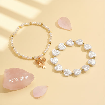 Heart-Shape Pearl & Goldtone Beads Chain Bow Charm Anklet Set - Street Region