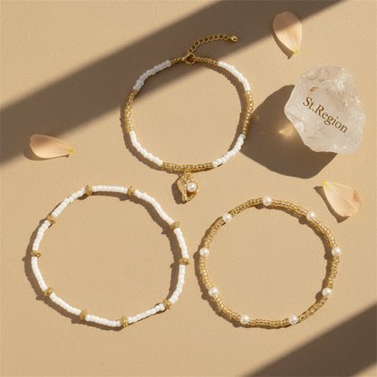 Pearl & Howlite Acrylic Goldtone Shell Charm Stretch Anklet Set - Street Region