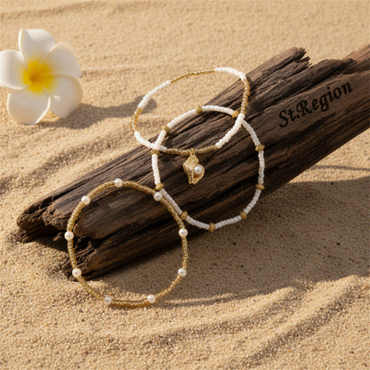 Pearl & Howlite Acrylic Goldtone Shell Charm Stretch Anklet Set - Street Region