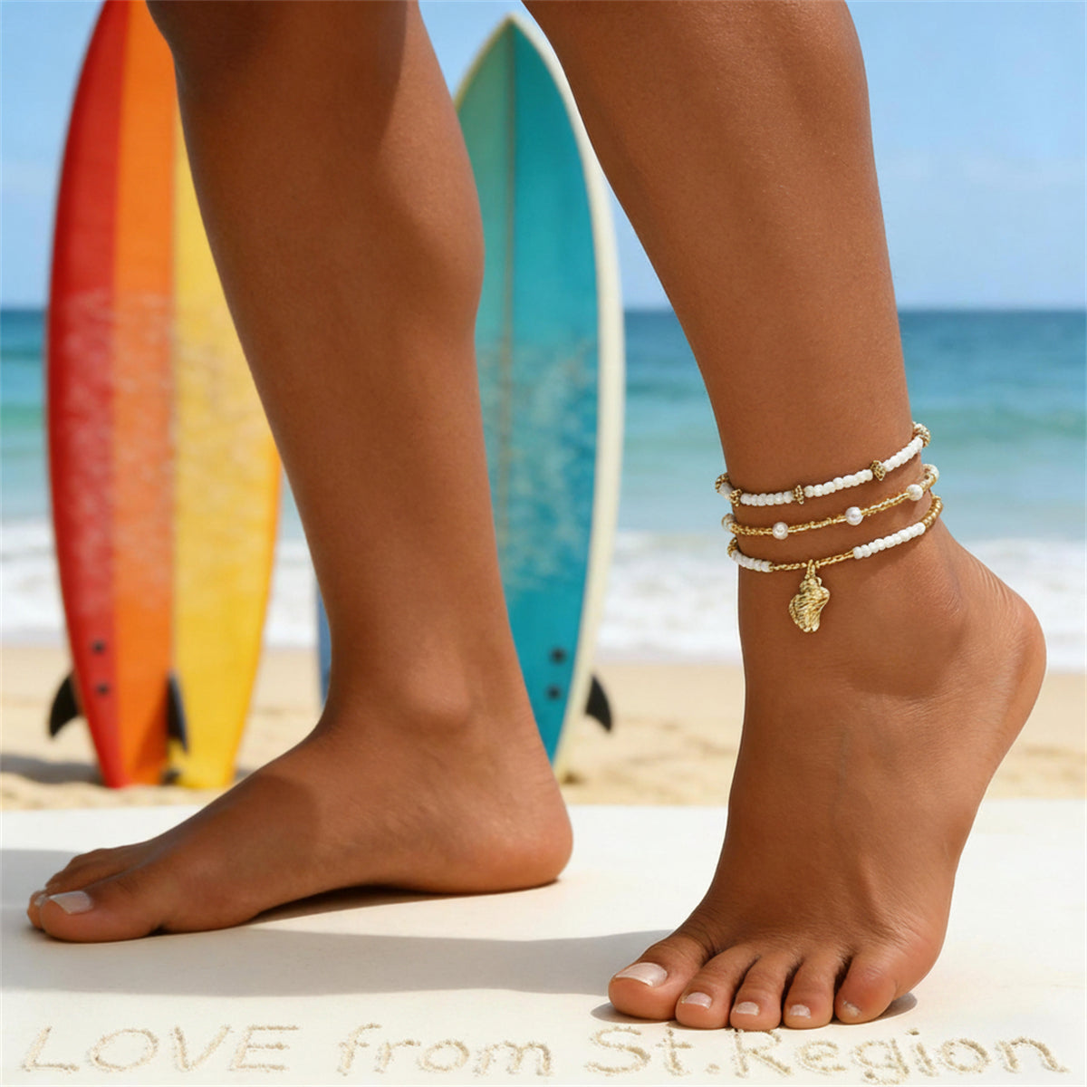 Pearl & Howlite Acrylic Goldtone Shell Charm Stretch Anklet Set - Street Region