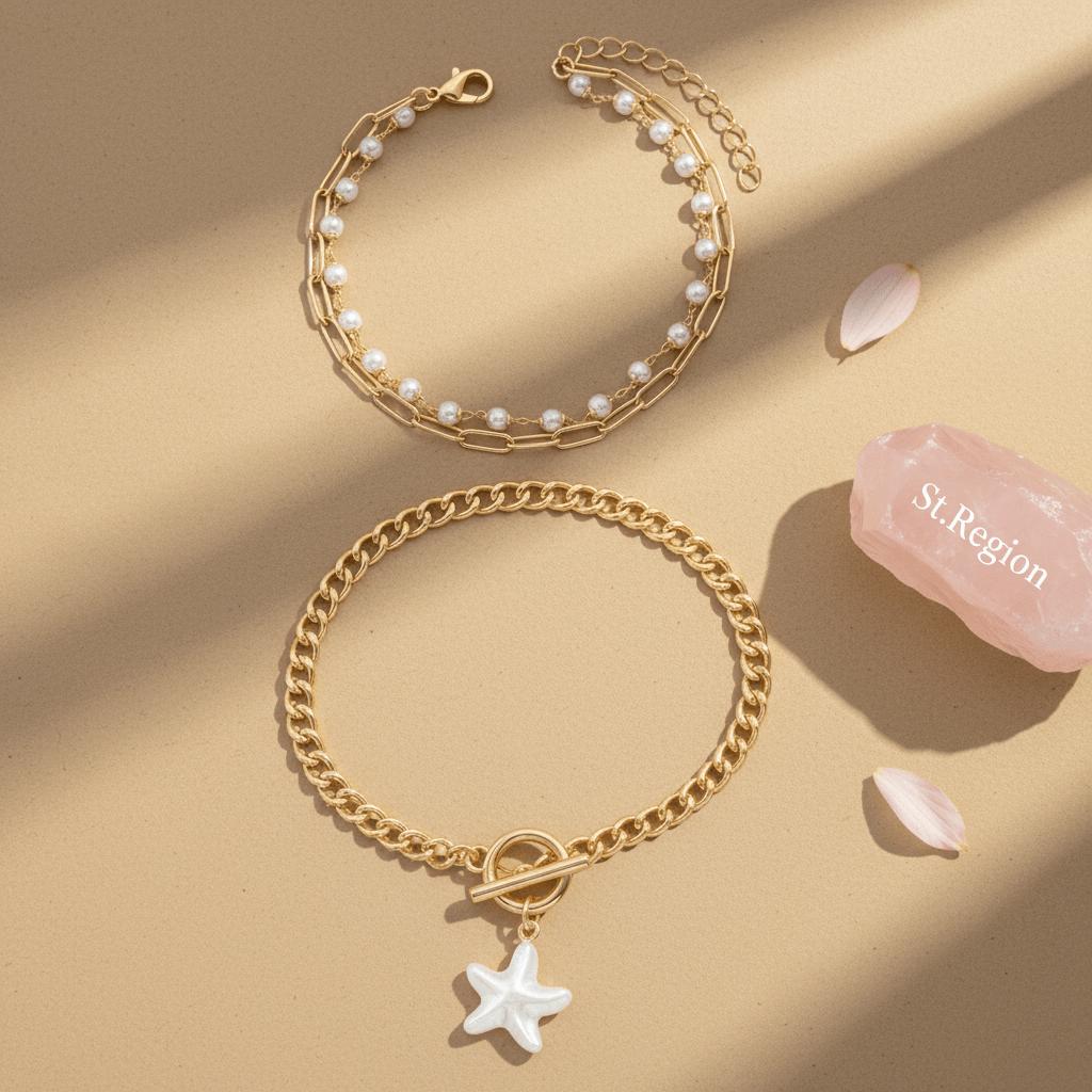 Pearl and Goldtone Starfish Charm Beads Chain Layered Anklet Set, jewelry gift sets for women, everyday style, lifestyle look