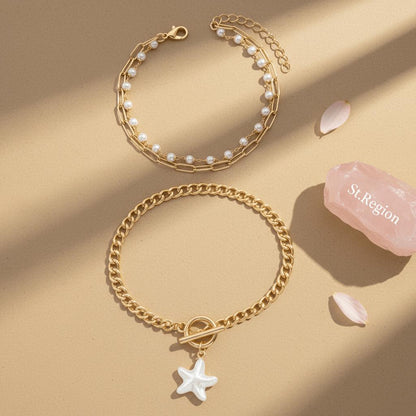 Pearl and Goldtone Starfish Charm Beads Chain Layered Anklet Set, jewelry gift sets for women, everyday style, lifestyle look