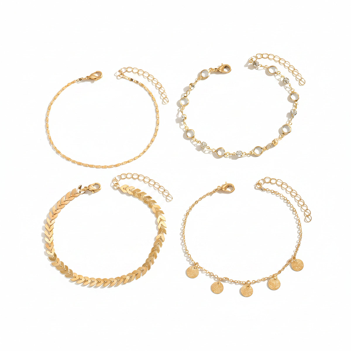 Clear Crystal & Cubic Zirconia Goldtone Wheat Chain Sequin Tassel Anklet Set - Street Region