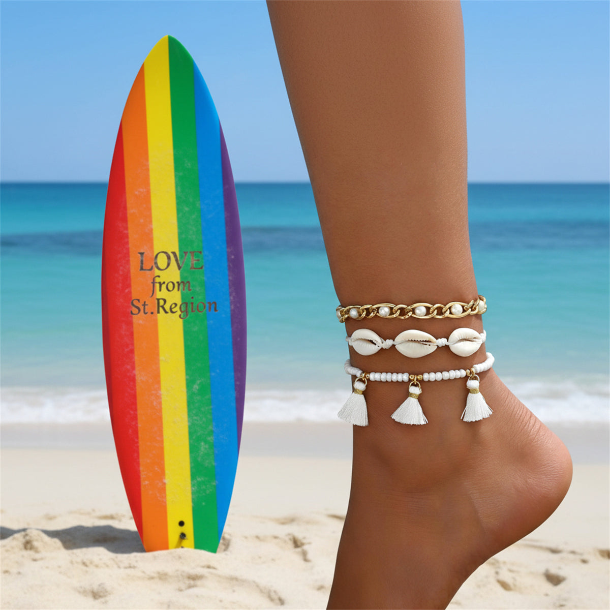 Pearl & Shell Polyster Goldtone Beads Chain Tassel Anklet Set - Street Region