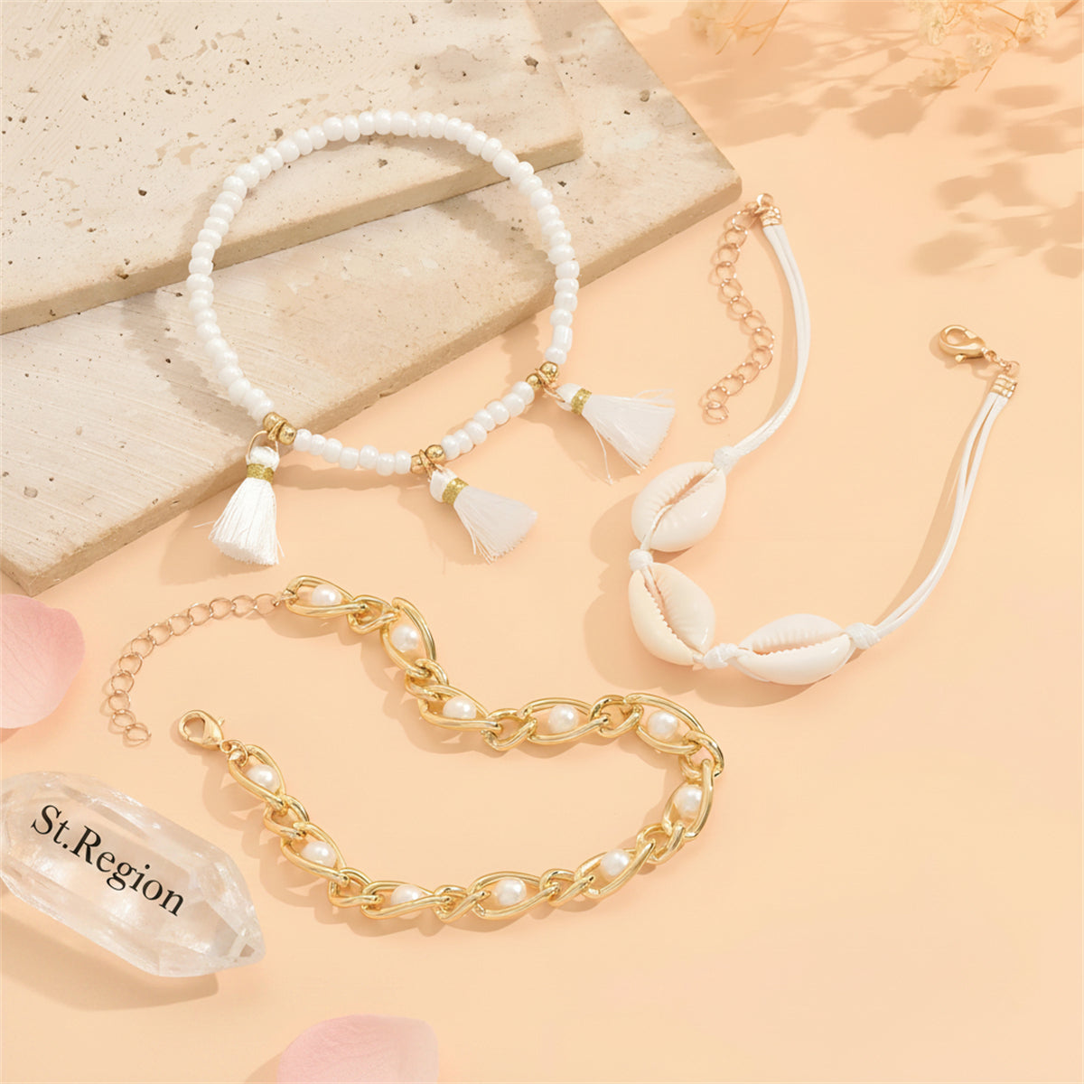 Pearl & Shell Polyster Goldtone Beads Chain Tassel Anklet Set - Street Region
