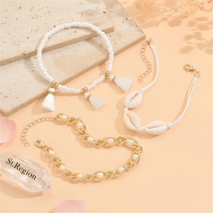 Pearl & Shell Polyster Goldtone Beads Chain Tassel Anklet Set - Street Region
