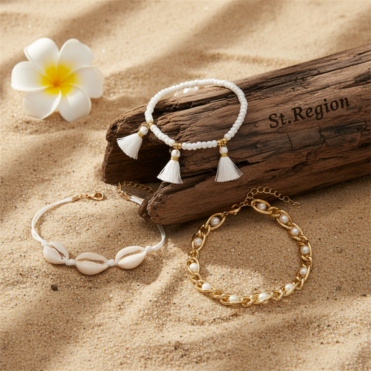 Pearl & Shell Polyster Goldtone Beads Chain Tassel Anklet Set - Street Region