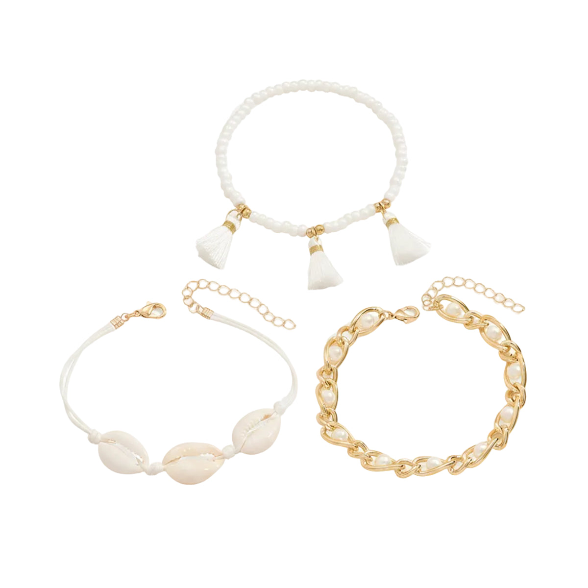 Pearl & Shell Polyster Goldtone Beads Chain Tassel Anklet Set - Street Region