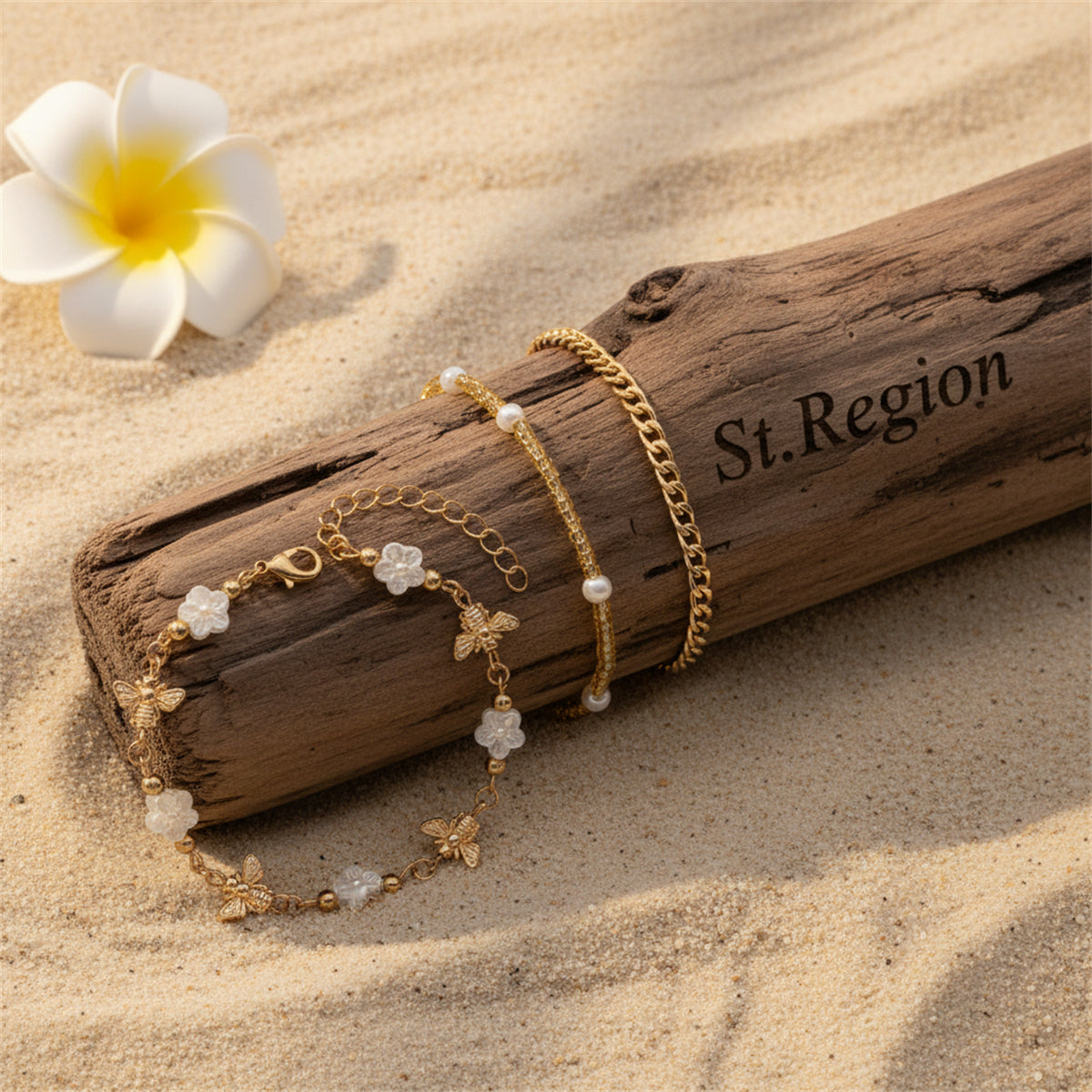 White Resin & Pearl Acrylic Goldtone Bee Flower Station Anklet Set - Street Region