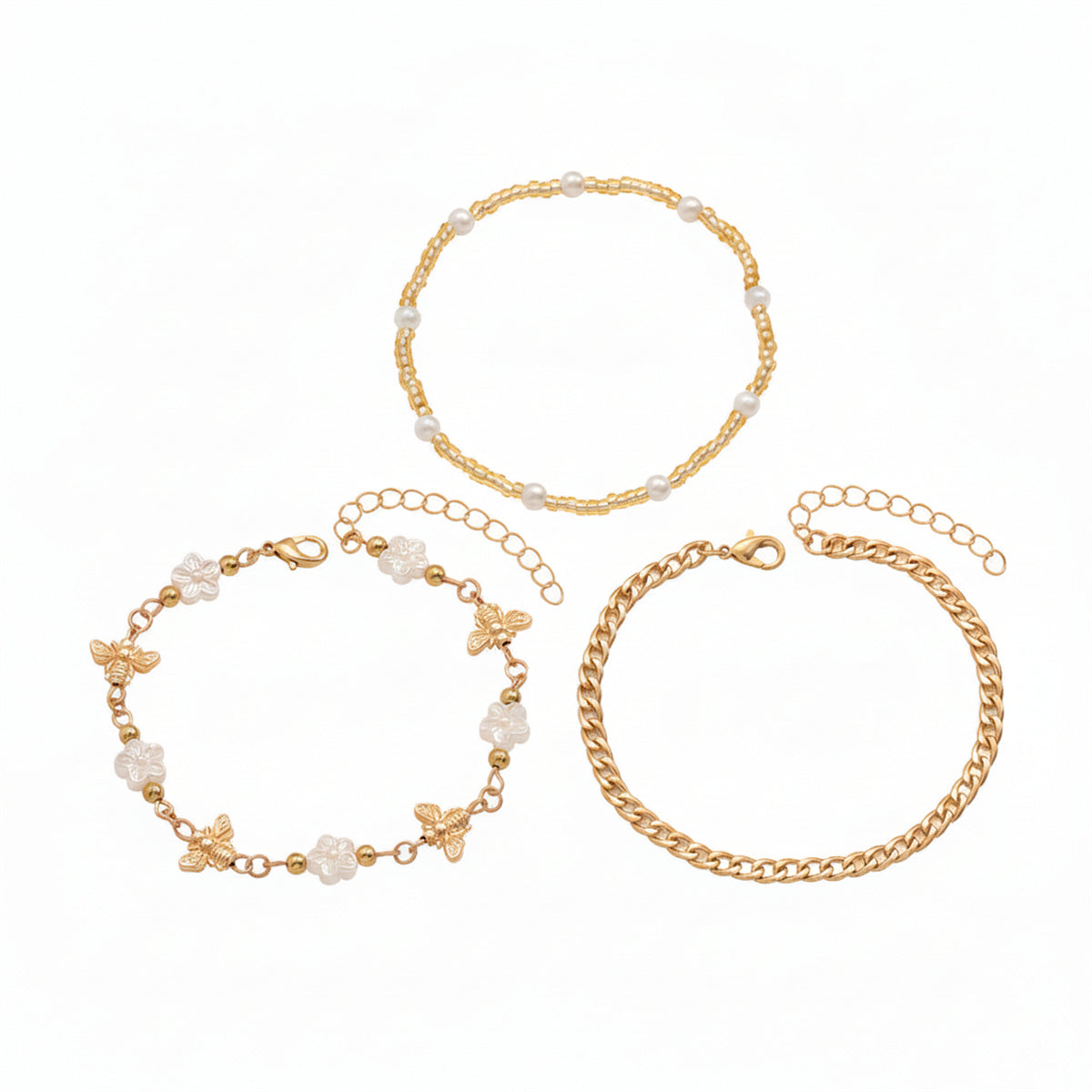 White Resin & Pearl Acrylic Goldtone Bee Flower Station Anklet Set - Street Region