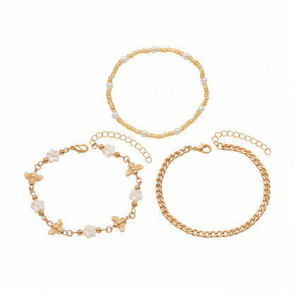 White Resin & Pearl Acrylic Goldtone Bee Flower Station Anklet Set - Street Region