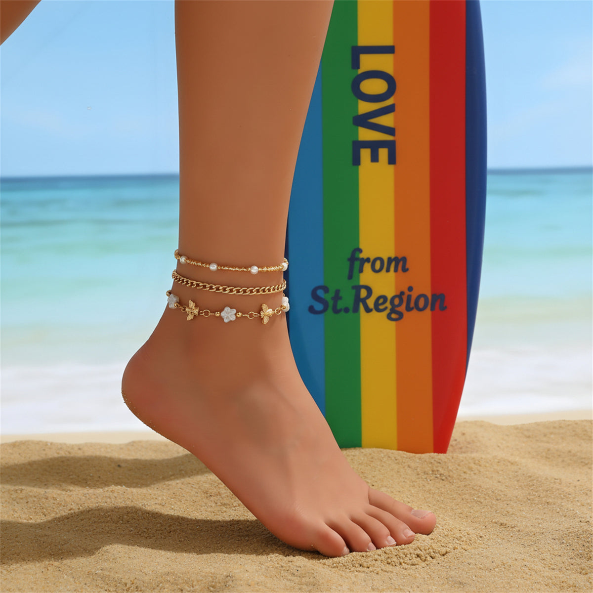 White Resin & Pearl Acrylic Goldtone Bee Flower Station Anklet Set - Street Region