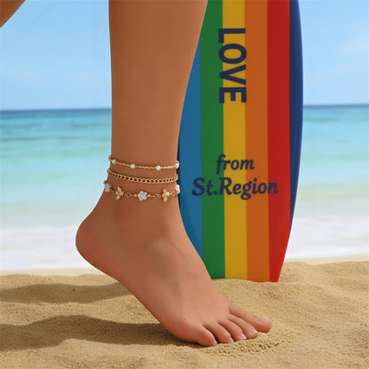 White Resin & Pearl Acrylic Goldtone Bee Flower Station Anklet Set - Street Region