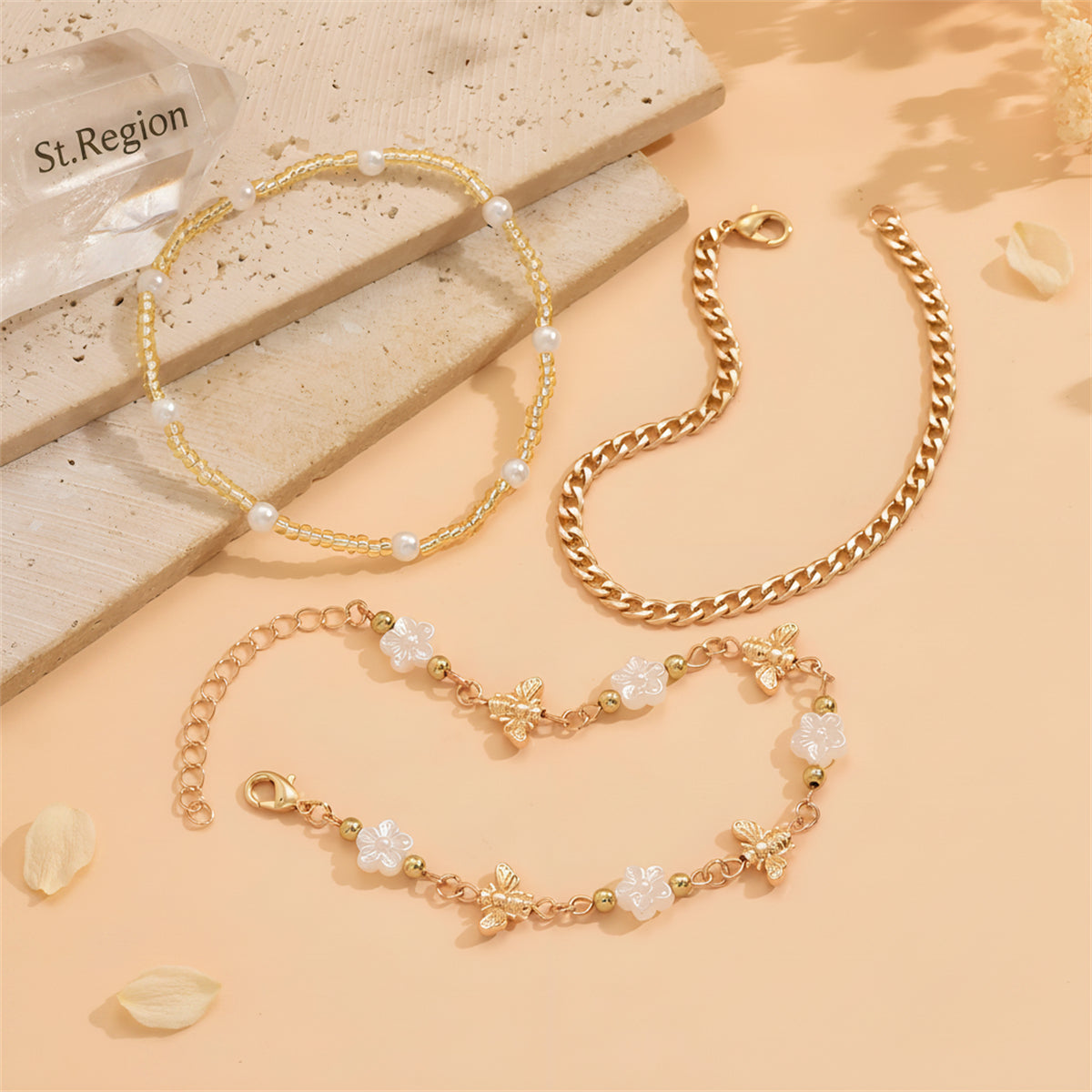 White Resin & Pearl Acrylic Goldtone Bee Flower Station Anklet Set - Street Region