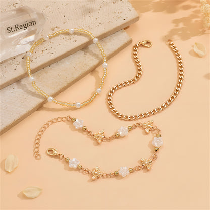 White Resin & Pearl Acrylic Goldtone Bee Flower Station Anklet Set - Street Region