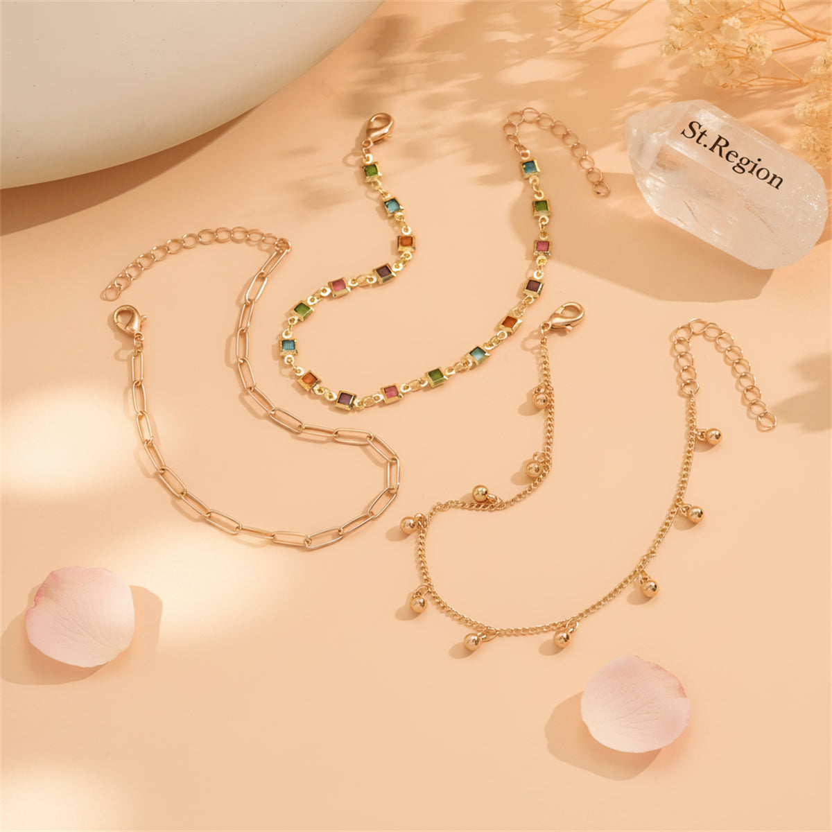 Multi-Colored Crystal & Goldtone Square Station Bell Tassel Anklet Set - Street Region