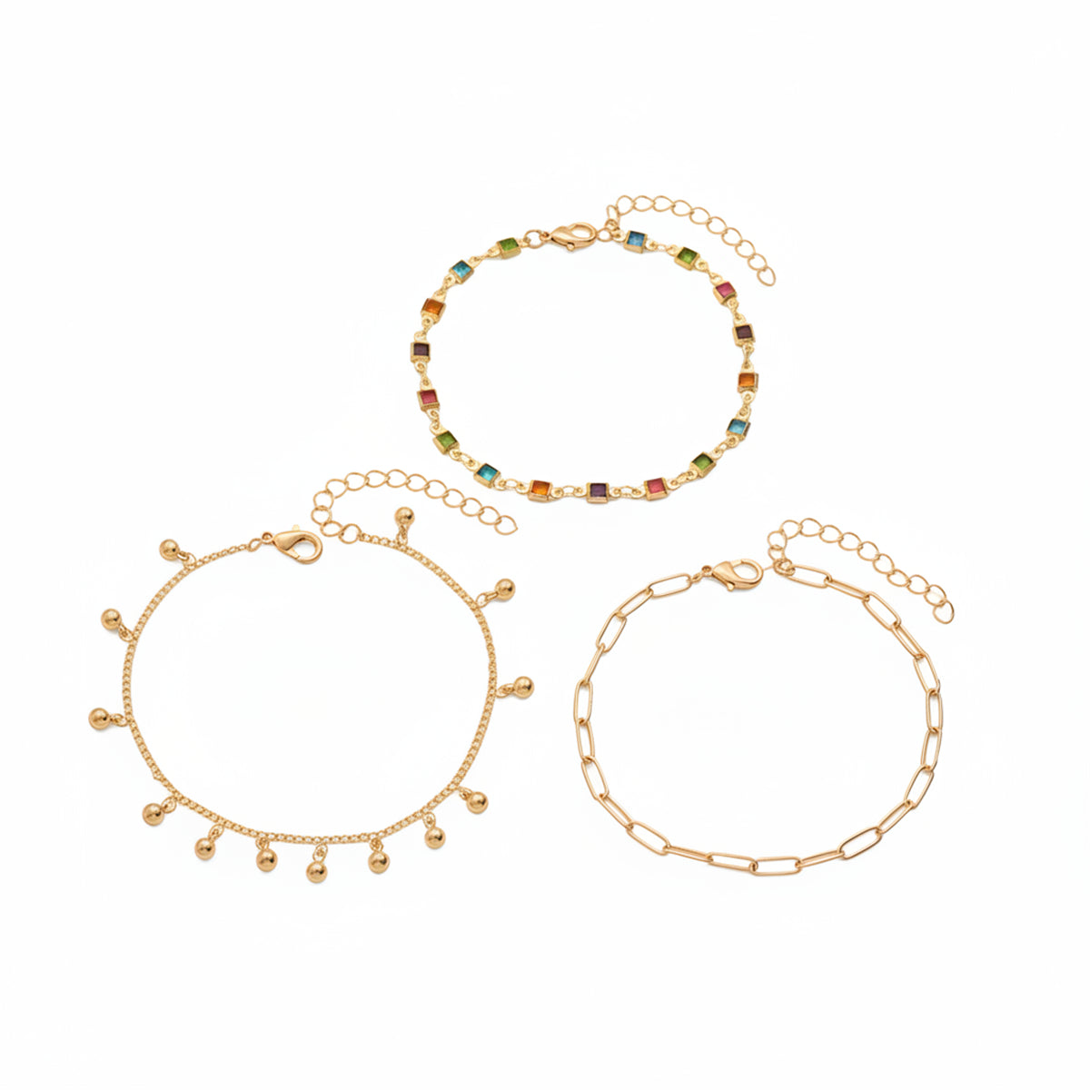 Multi-Colored Crystal & Goldtone Square Station Bell Tassel Anklet Set - Street Region