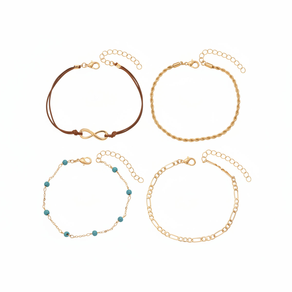 Turqouise & Polyster Goldtone Beads Chain Infinity Sign Charm Anklet Set - Street Region