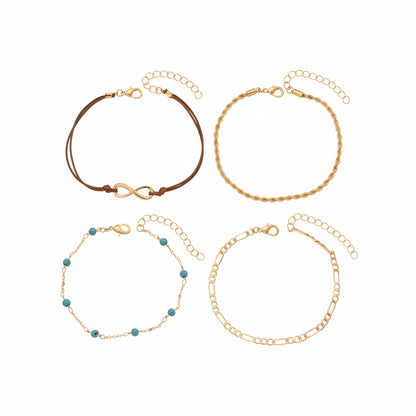 Turqouise & Polyster Goldtone Beads Chain Infinity Sign Charm Anklet Set - Street Region