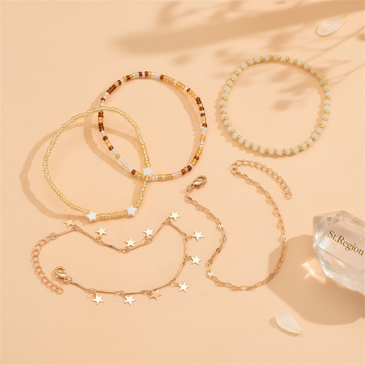 Multi-Colored Acrylic & Howlite Goldtone Beads Chain Star Tassel Anklet Set - Street Region