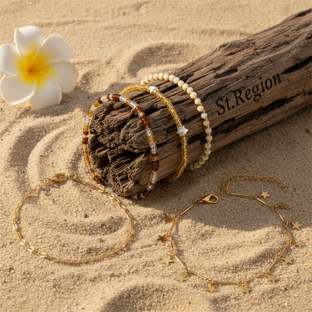 Multi-Colored Acrylic & Howlite Goldtone Beads Chain Star Tassel Anklet Set - Street Region