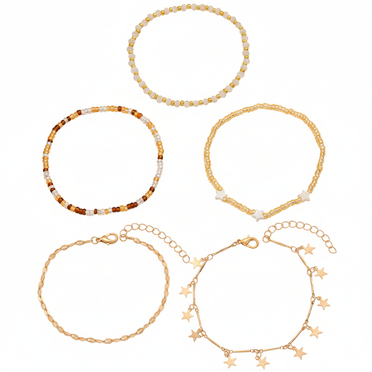 Multi-Colored Acrylic & Howlite Goldtone Beads Chain Star Tassel Anklet Set - Street Region