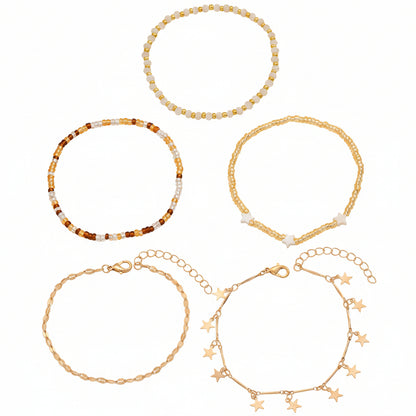 Multi-Colored Acrylic & Howlite Goldtone Beads Chain Star Tassel Anklet Set - Street Region