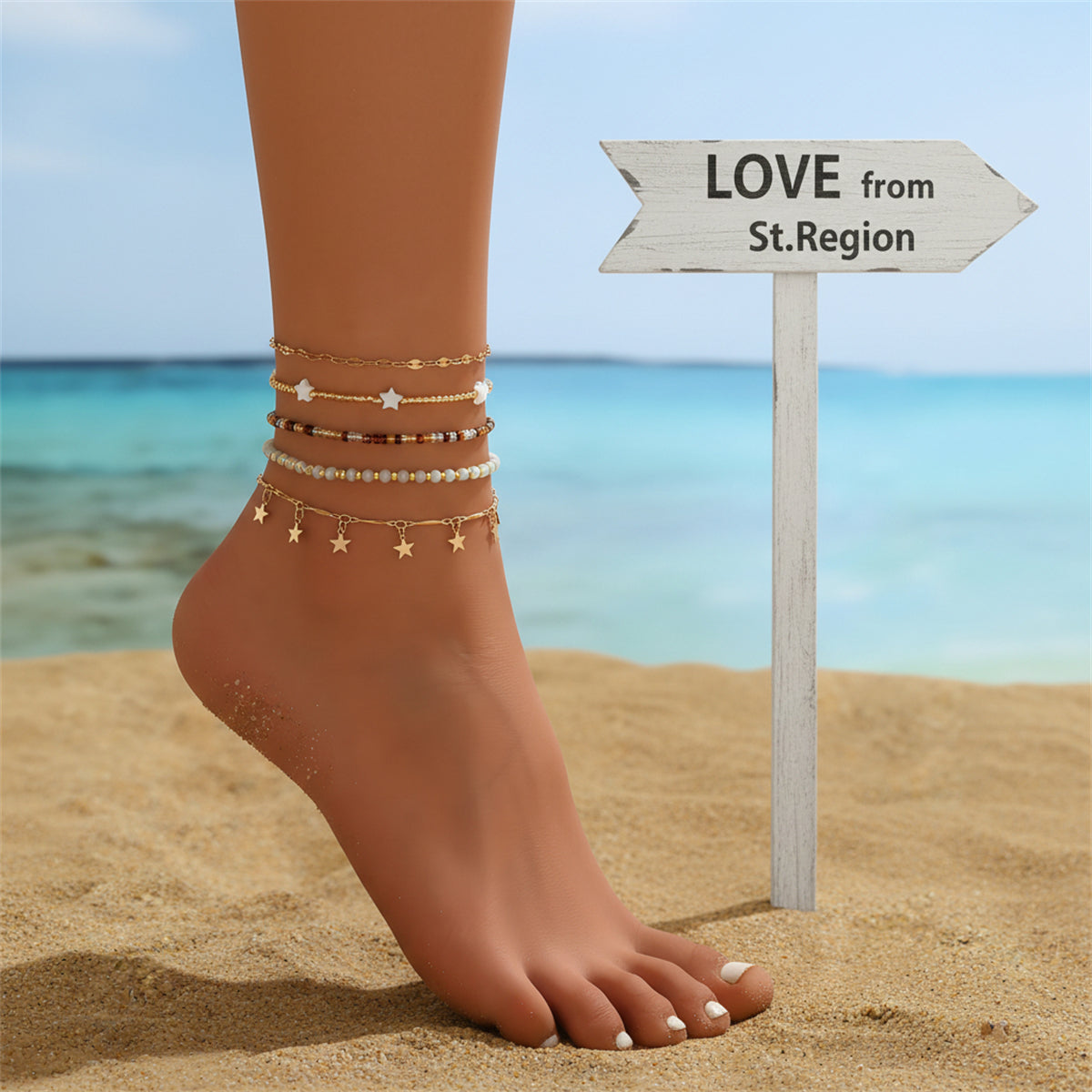 Multi-Colored Acrylic & Howlite Goldtone Beads Chain Star Tassel Anklet Set - Street Region