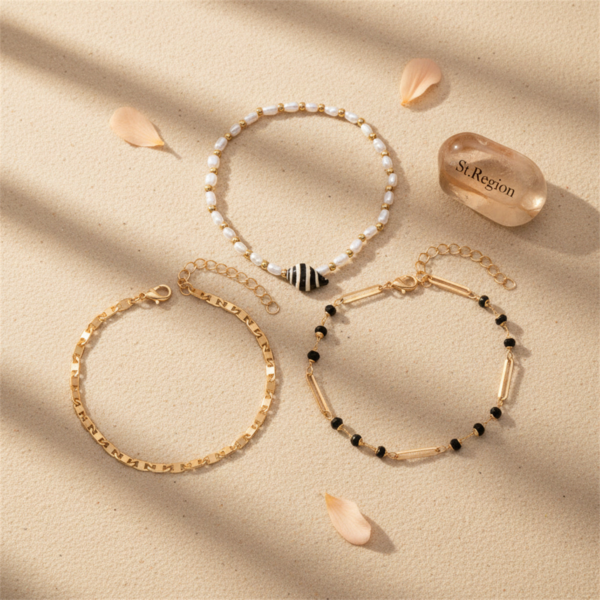 Black Acrylic & Pearl Shell Goldtone Paper Clip Station Anklet Set - Street Region
