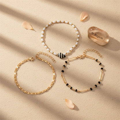 Black Acrylic & Pearl Shell Goldtone Paper Clip Station Anklet Set - Street Region
