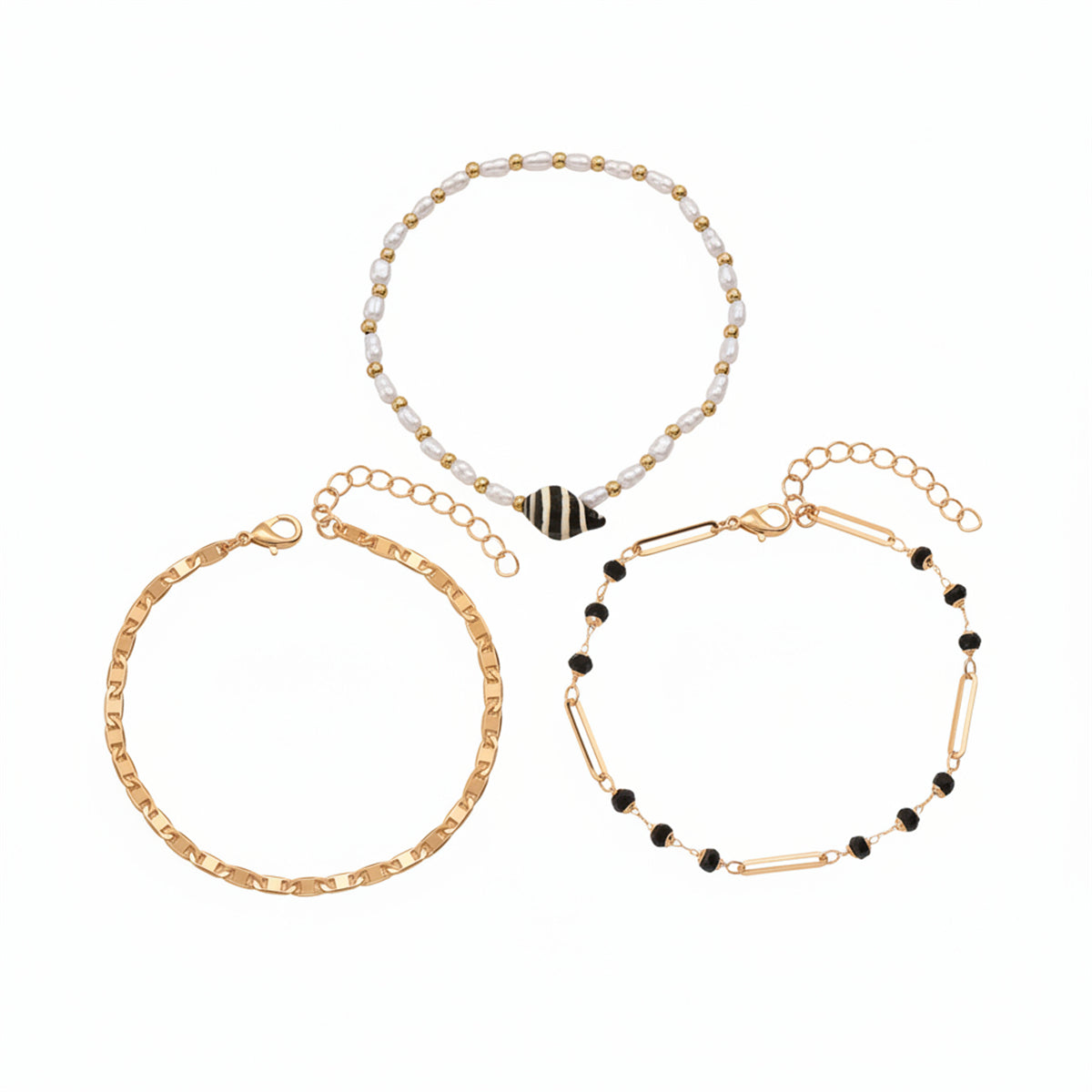 Black Acrylic & Pearl Shell Goldtone Paper Clip Station Anklet Set - Street Region