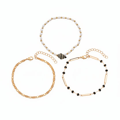 Black Acrylic & Pearl Shell Goldtone Paper Clip Station Anklet Set - Street Region