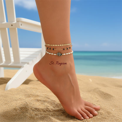 Black Acrylic & Pearl Shell Goldtone Paper Clip Station Anklet Set - Street Region