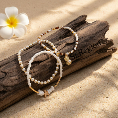 Pearl & Multi-Colored Acrylic Goldtone Curved Bar Stretch Anklet Set - Street Region