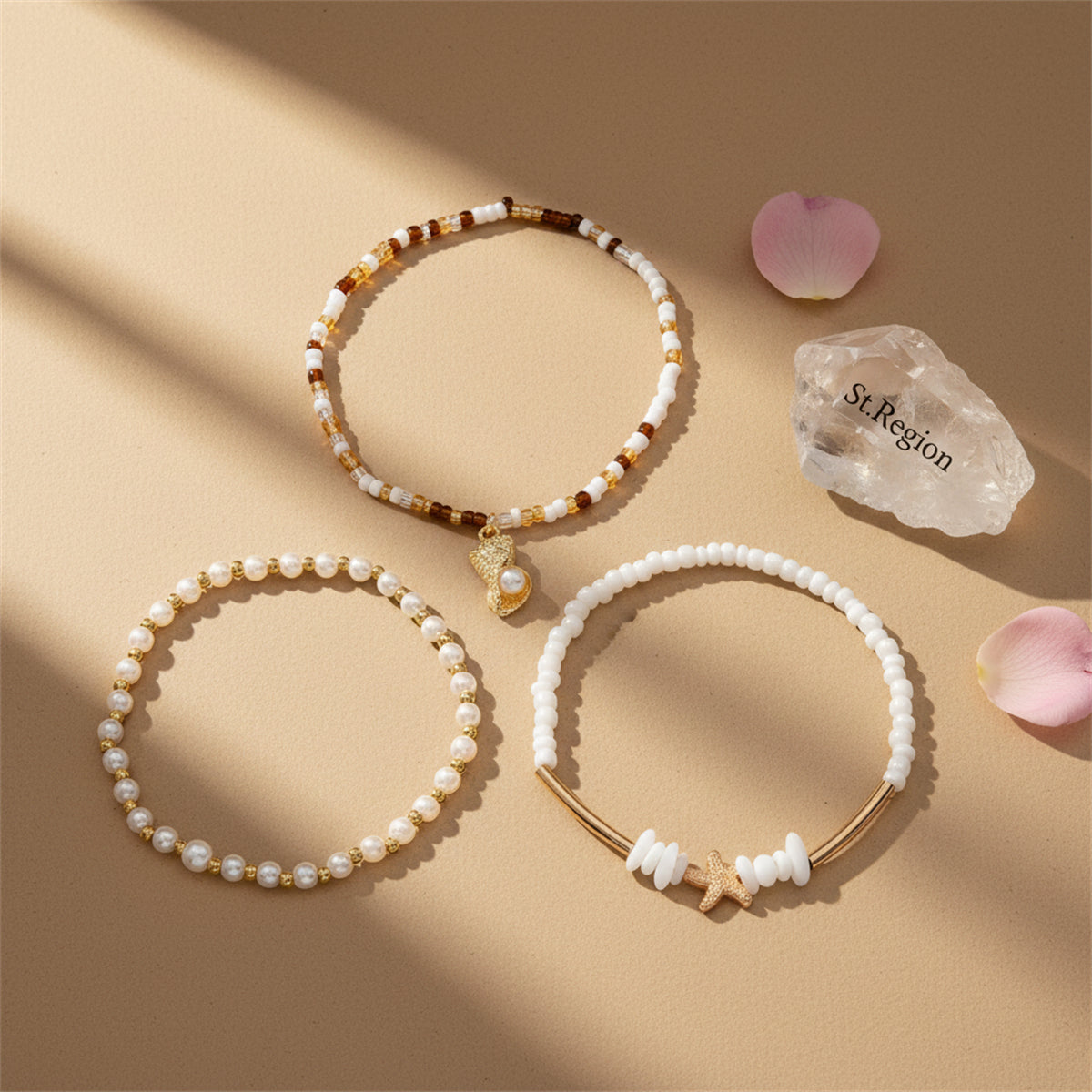 Pearl & Multi-Colored Acrylic Goldtone Curved Bar Stretch Anklet Set - Street Region