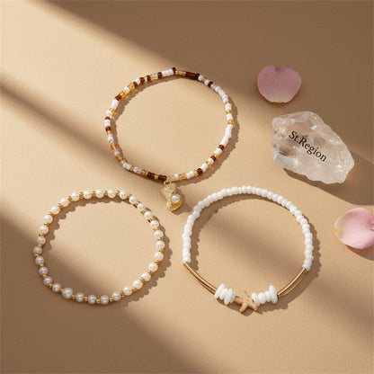 Pearl & Multi-Colored Acrylic Goldtone Curved Bar Stretch Anklet Set - Street Region