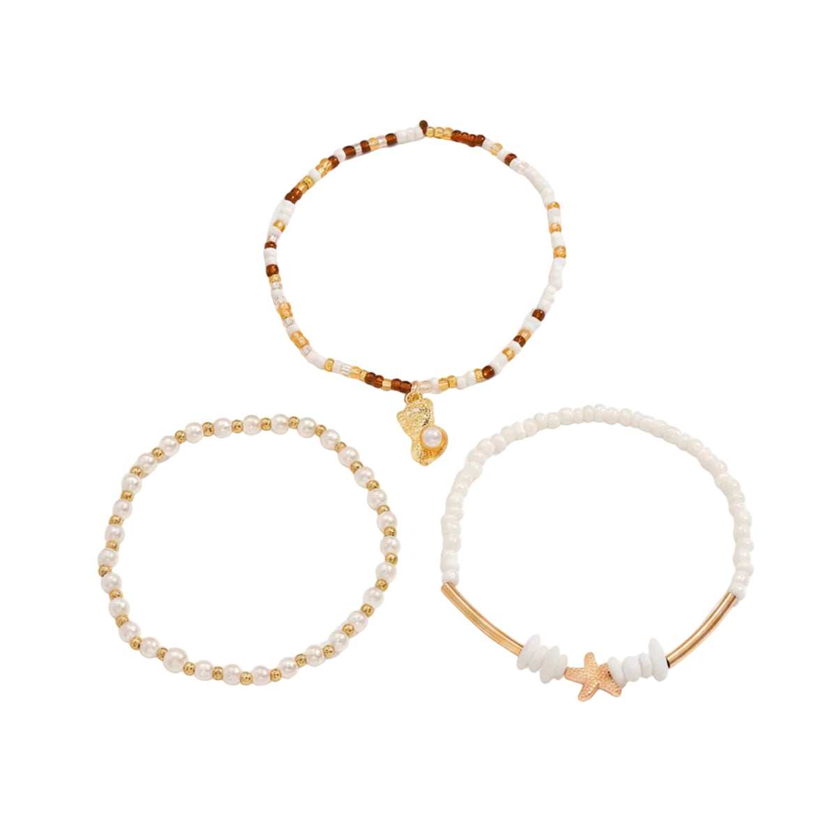 Pearl & Multi-Colored Acrylic Goldtone Curved Bar Stretch Anklet Set - Street Region