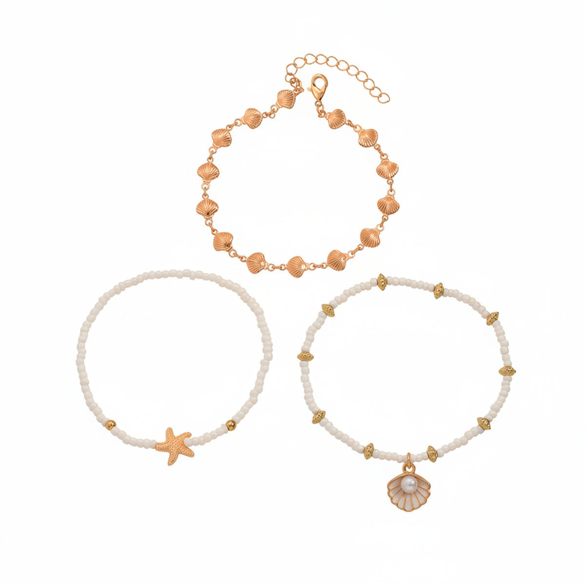 Howlite & Enamel Pearl Goldtone Shell Starfish Charm Stretch Anklet Set - Street Region