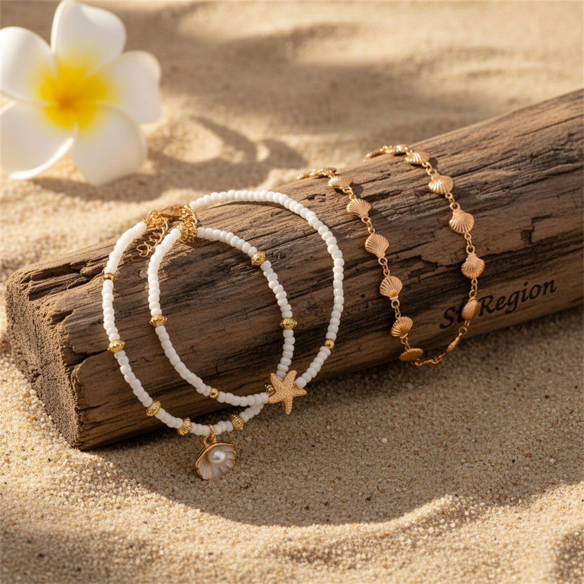 Howlite & Enamel Pearl Goldtone Shell Starfish Charm Stretch Anklet Set - Street Region