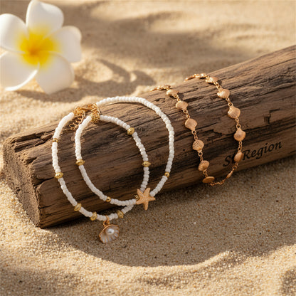 Howlite & Enamel Pearl Goldtone Shell Starfish Charm Stretch Anklet Set - Street Region