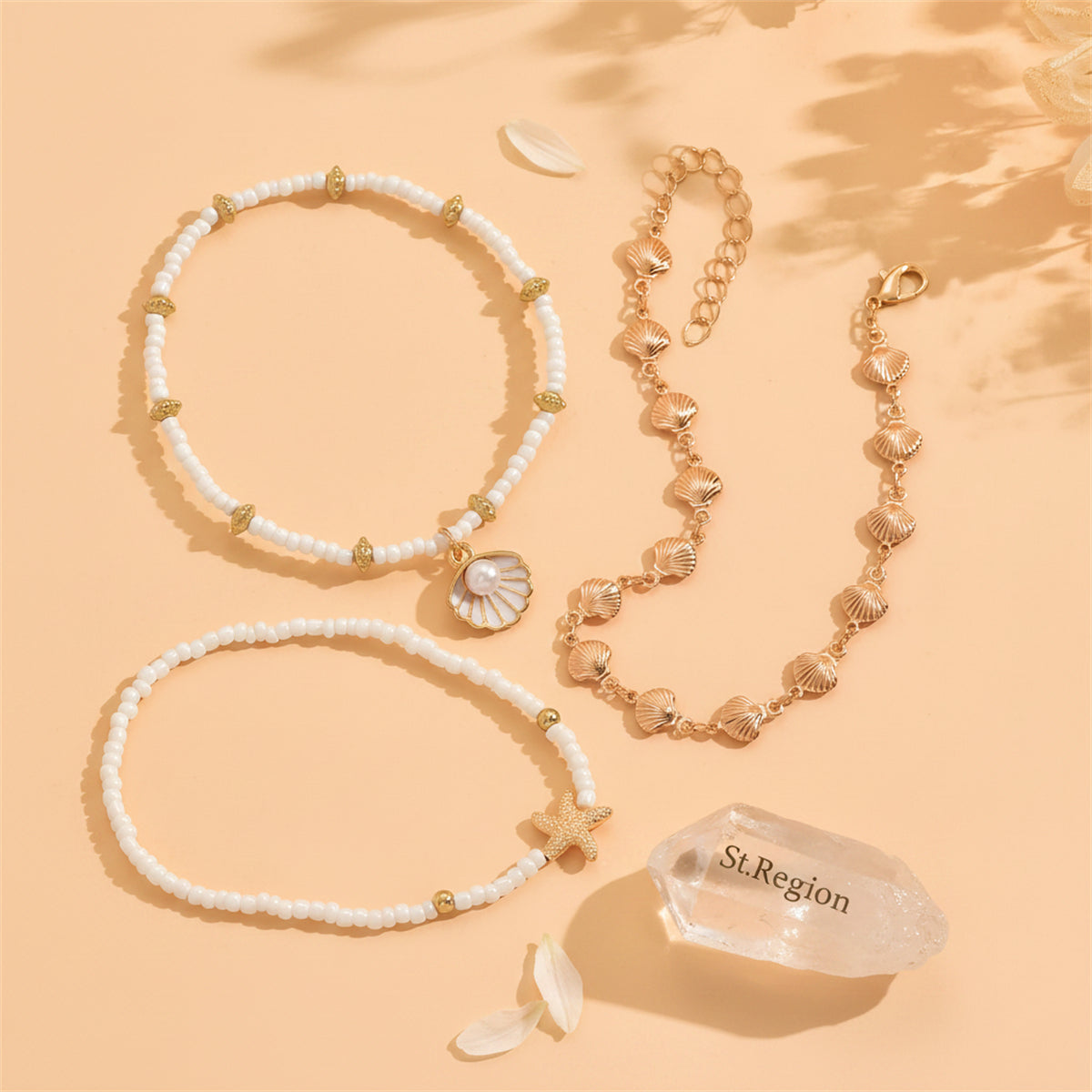 Howlite & Enamel Pearl Goldtone Shell Starfish Charm Stretch Anklet Set - Street Region