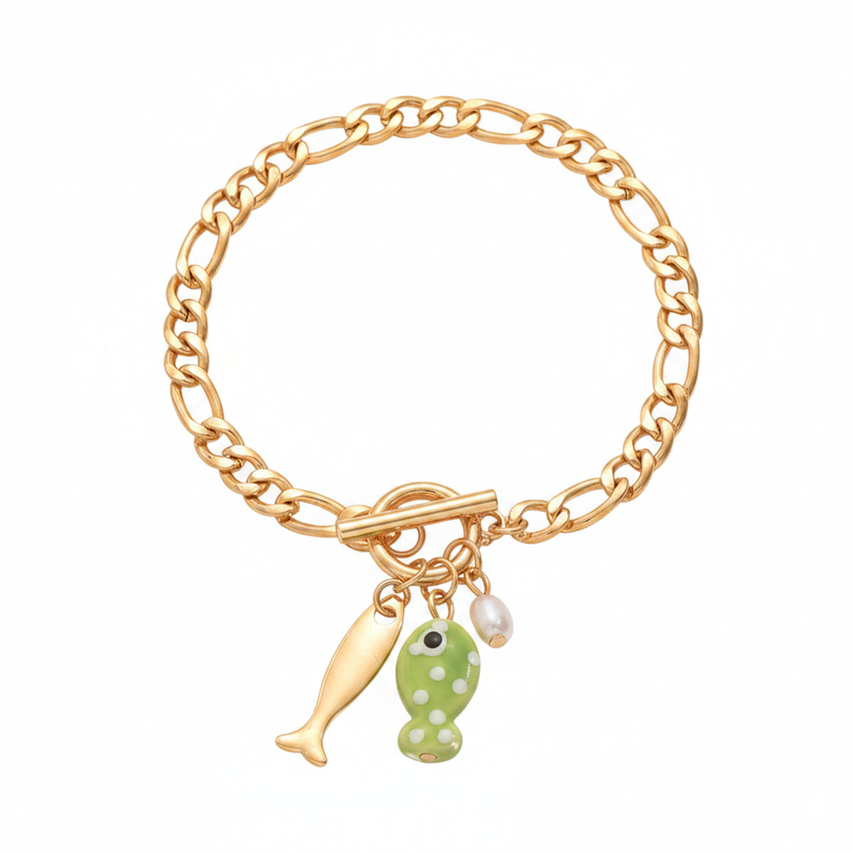 Green Resin & Pearl Goldtone Fish Charm Toggle Anklet - Street Region