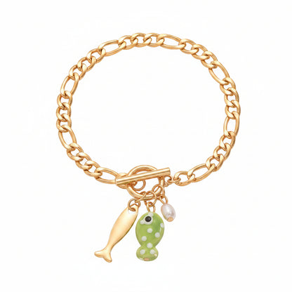 Green Resin & Pearl Goldtone Fish Charm Toggle Anklet - Street Region