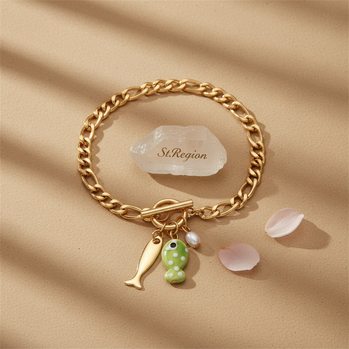 Green Resin & Pearl Goldtone Fish Charm Toggle Anklet - Street Region