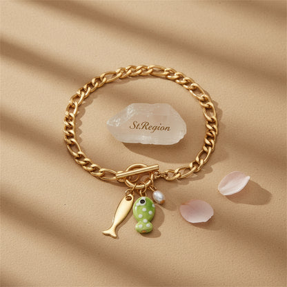 Green Resin & Pearl Goldtone Fish Charm Toggle Anklet - Street Region